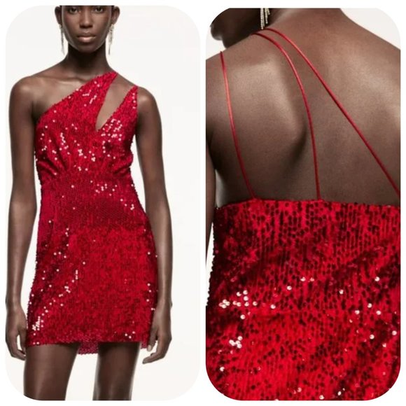 NWT ZARA Red Embellished Sequined Asymmetric Double Strap Front Lined Dress - Picture 1 of 8